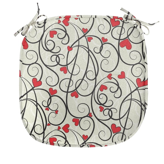 Love Chair Seating Cushion, Wave Floral Heart Summer Swirl Illustration Flourishes Foliage Classical, Soft Seat Pads for Office with Anti-slip Backing, 16"x16", Eggshell Vermilion Black, by Ambesonne