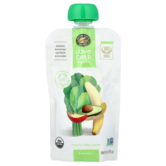 Love Child Organics Nature's Path, Organic Baby Puree, 6 Months+, Apples, Bananas, Spinach, Avocado, 4 oz (113 g)