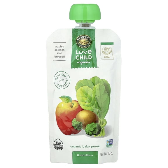 Love Child Organics Nature's Path, Organic Baby Puree, 6 Months+, Apples, Spinach, Kiwi, Broccoli, 4 oz (113 g)