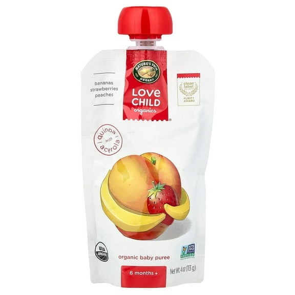 Love Child Organics Nature's Path, Organic Baby Puree, 6 Months+, Bananas, Strawberries, Peaches, 4 oz (113 g)