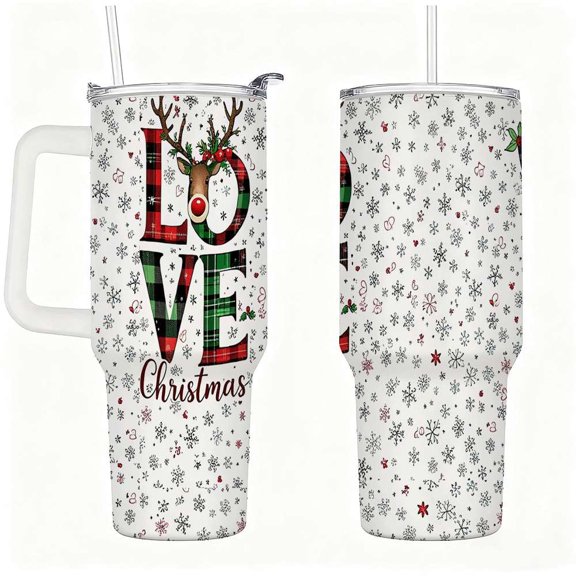 Love Christmas Reindeer Tumbler with Lid and Straw, Snowflake Holiday Cup