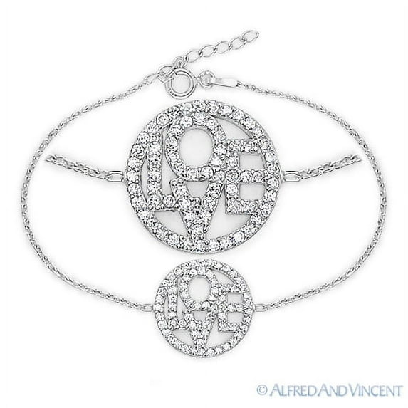 "Love" Circle Charm Bracelet w/ CZ Crystals in .925 Sterling Silver