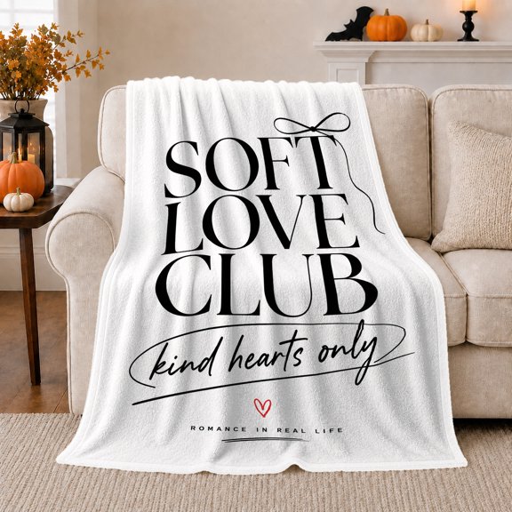 Love Club Kind Hearts Only Romance Affectionate Typographic, Cozy Typography Art Scene, Warm Flannel Blanket for Living Room and Reading Nook, Art Lovers Thanksgiving Gift, Artistic Home Decor