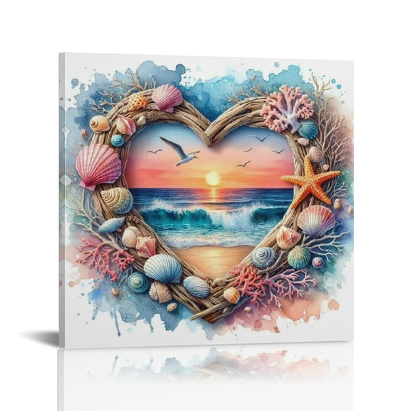 Love Coastal Beach Scene Canvas Wall Art with Seagulls, - Framed Seaside Landscape Print for Living Room, Bedroom, Office for lover Valentine's Day Gift
