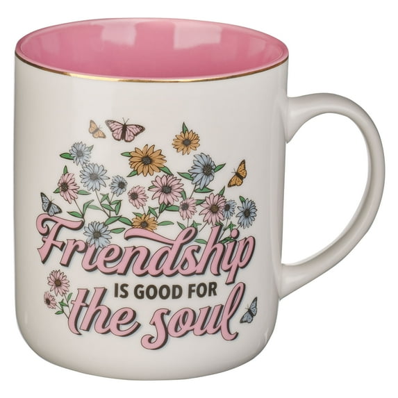 With Love Coffee Mug Friendship is Good For The Soul Pink Butterfly Sunflower Daisy Gold Rim and Accents Inspirational Coffee/Tea Cup for Her Birthday, All Occasion Friendship Gift, Ceramic, 14 oz