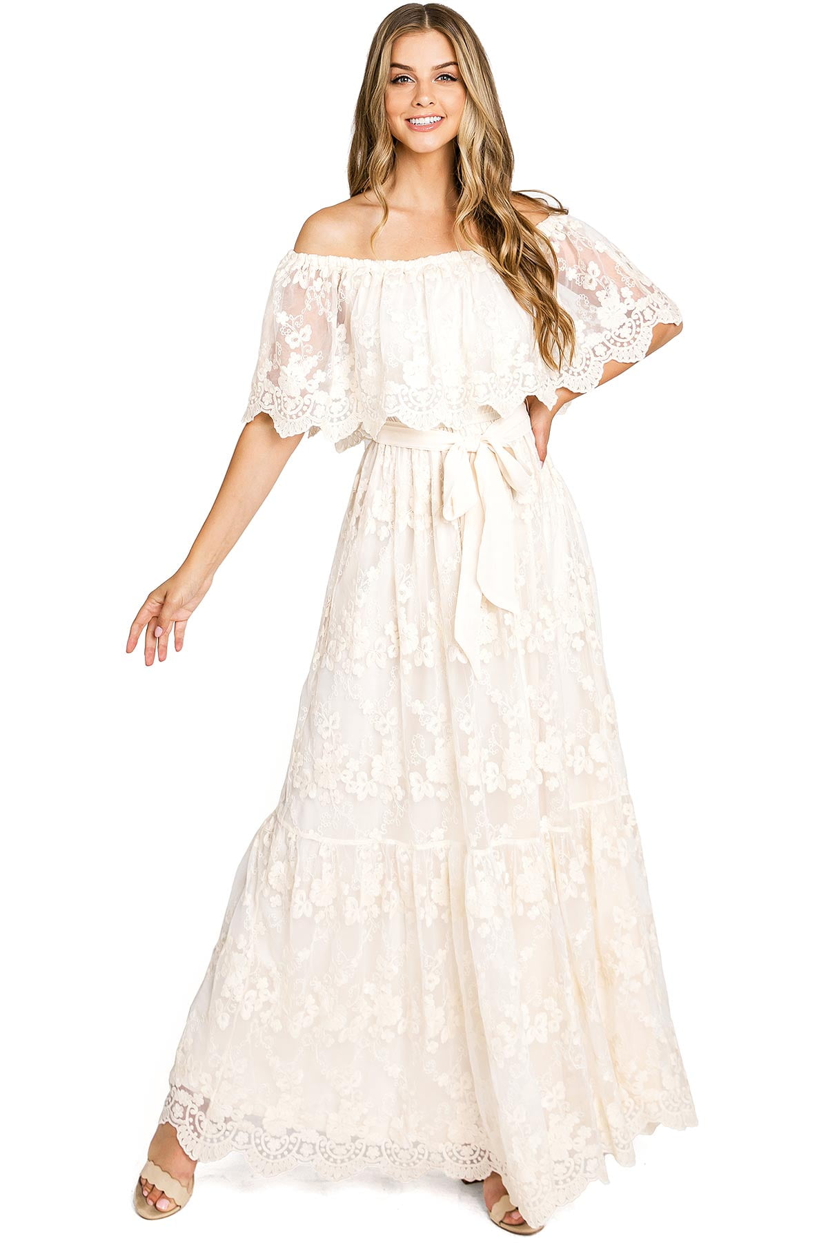 Love Colette Women's Off Shoulder Bridal Lace Crochet Formal Maxi Dress (L,  Ivory) - Walmart.com