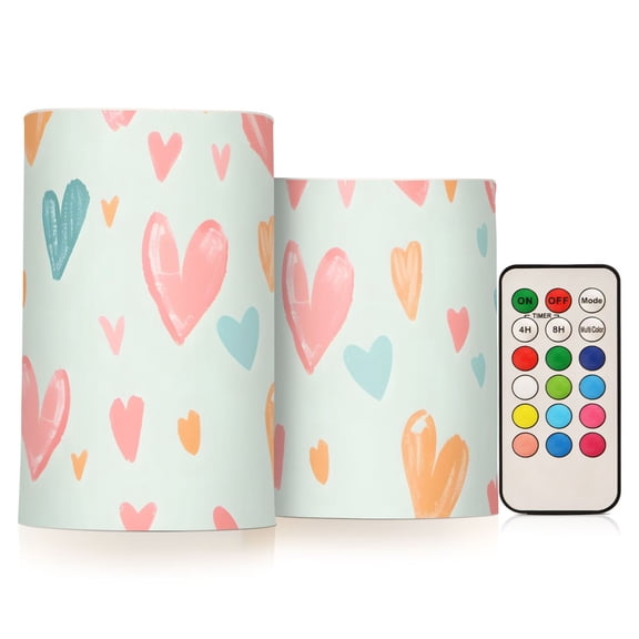 Love Colorful Hearts Chalk Painting Flickering Flameless Candles LED Tealight Battery Operated with Remote Set of 2 Holiday Decor Ornaments
