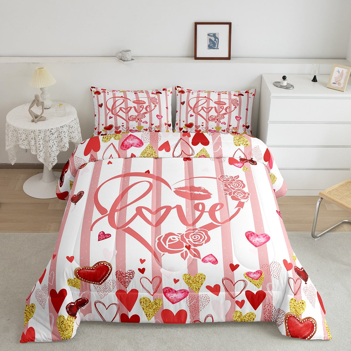 Love Comforter Set King Size Pink and White Heart Pattern Bedding for