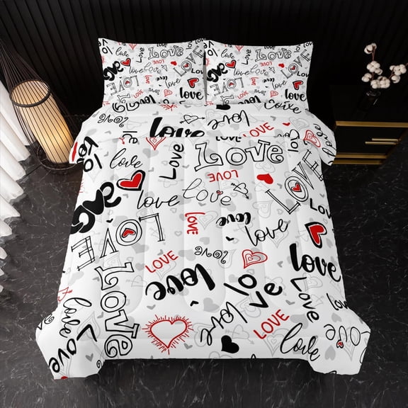 Love Comforter Sets, Romantic Soft Bedding Set Black White Watercolor Kawaii Comforter Cartoon Heart Geometric Comforter Set Soft Warm Quilt