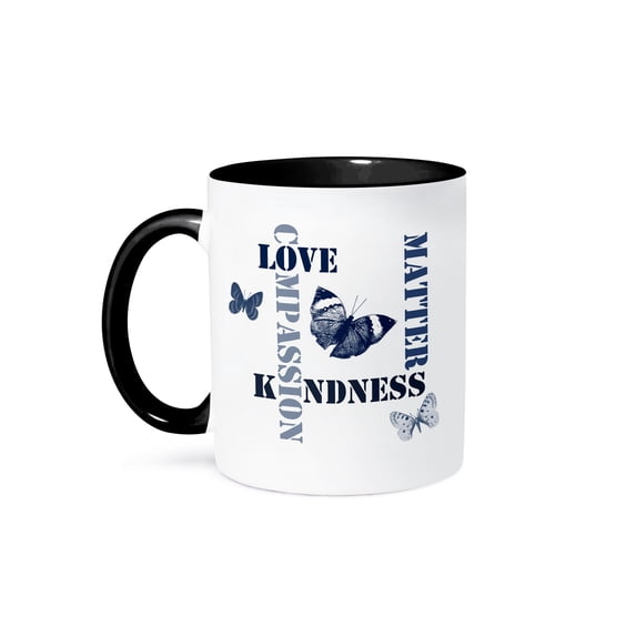 3dRose, Love, Compassion, Kindness Matters Blue Butterflies, 11oz Two-Tone Black Mug