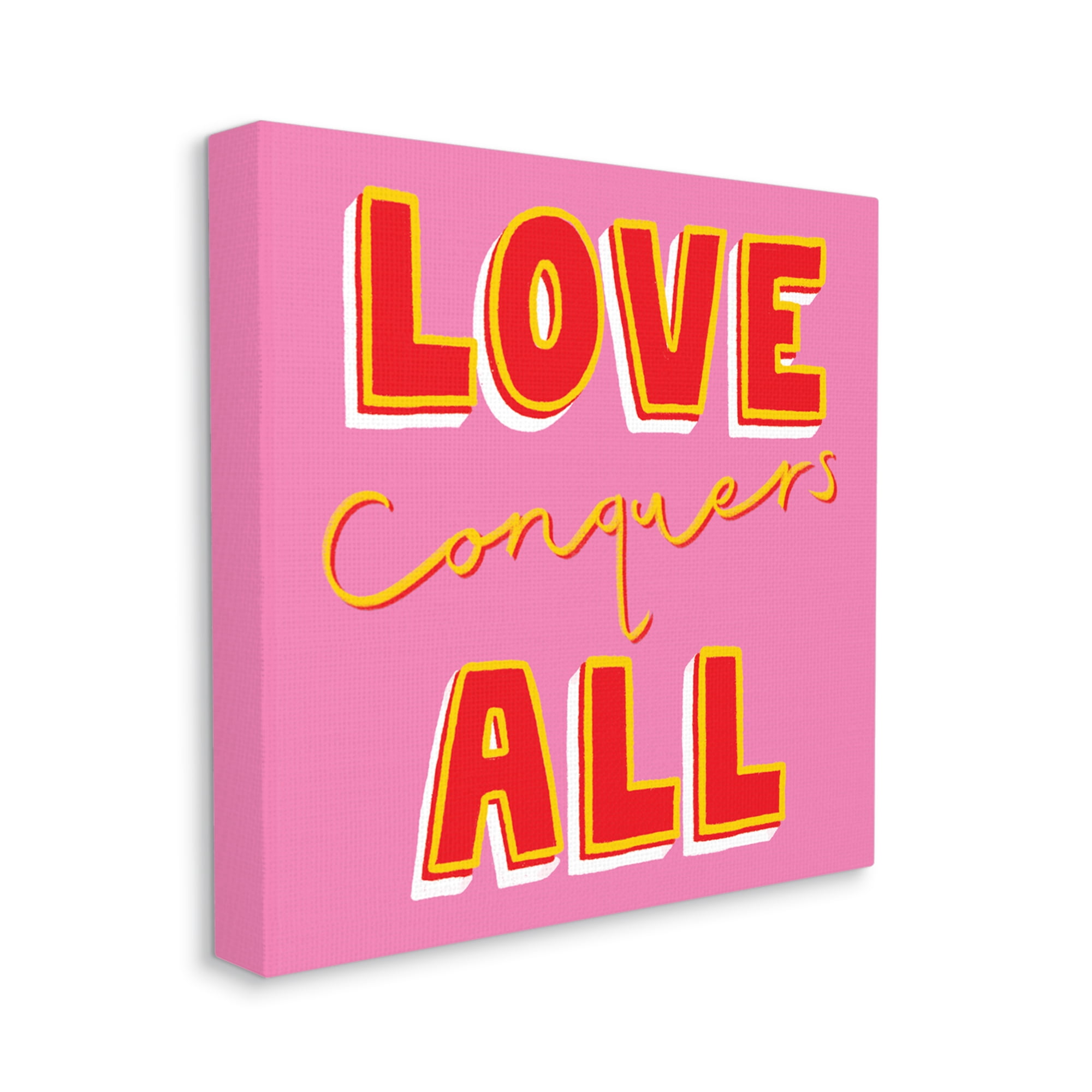 Love Conquers All Bold Quote Red Yellow Text Typography Gallery-Wrapped Canvas Print Wall Art, 17x17