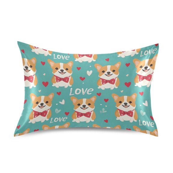 Love Corgi Pattern King Size Satin Pillowcase 40''x20'' Double-Sided Print Soft Wrinkle Resistant