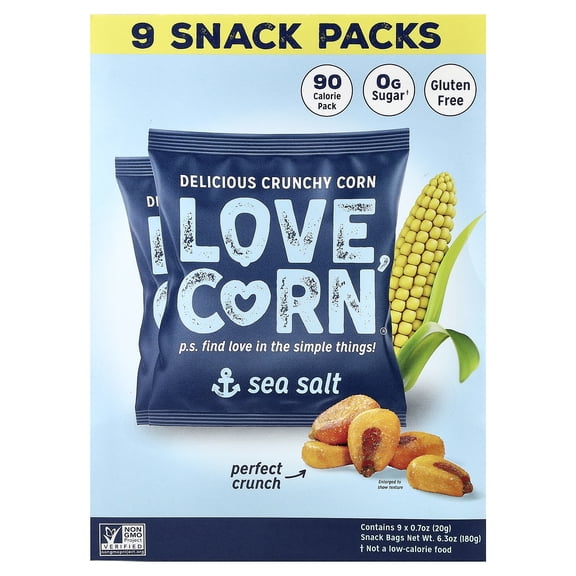 Love Corn Delicious Crunchy Corn, Sea Salt, 9 Packs, 0.7 oz (20 g) Each