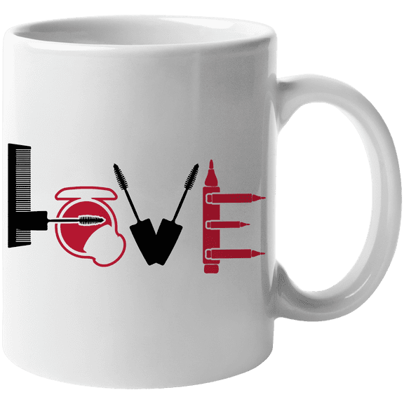 Love with Cosmetics or Beauty Tools Design - Beauty Themed Merch for Makeup Artist or Cosmetologist, Gift for Makeup Lovers & Beauticians, White Mug 11oz