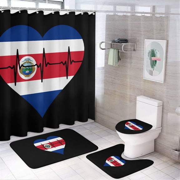 Love Costa_Rica Heartbeat 4Pcs Shower Curtain Set Washable Bathroom Sets with Toilet Lid Cover and Non-Slip Rug Bath Accessories Decor