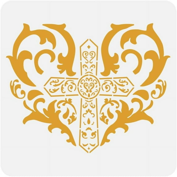Love Cross Damask Stencil for Painting 11.8x11.8 inch Decorative Love Heart Pattern Template Hollowed Cross Damask Stencil Large Religion Theme Template for Painting on Wood Fabric
