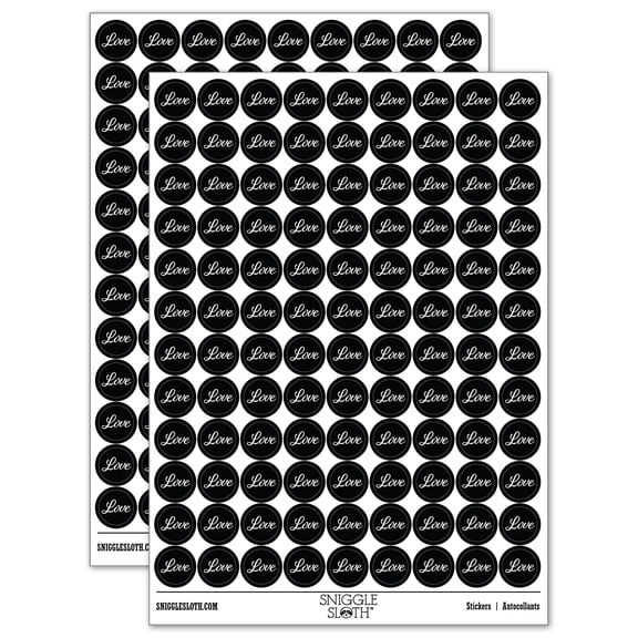 Love Cursive Text 200+ Round Stickers - Black - Gloss Finish - 0.50" Size