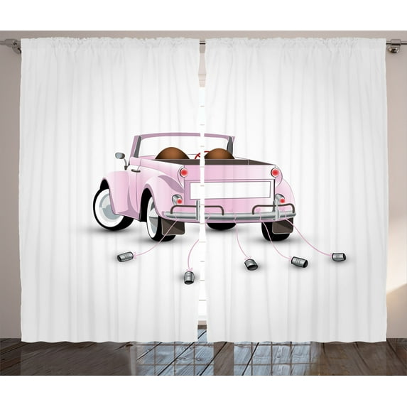 Ambesonne Love Curtains 2 Panel Set, Just Married Cartoon Car, 108" x 84", Pink White