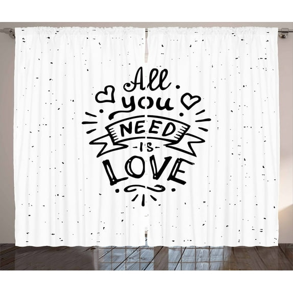Ambesonne Love Curtains 2 Panel Set, Hippie Vintage Grunge, 108" x 84", Black White