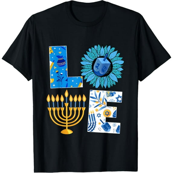 Love Cute Hanukkah Decoration Menorah Matching Family Pajama T-ShirtMen and women, Black T-shirt, size: Extra large