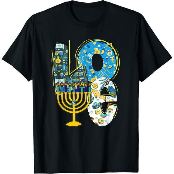 Love Cute Hanukkah Decoration Menorah Pajama Matching Family T-ShirtMen and women, Black T-shirt, size: Extra large