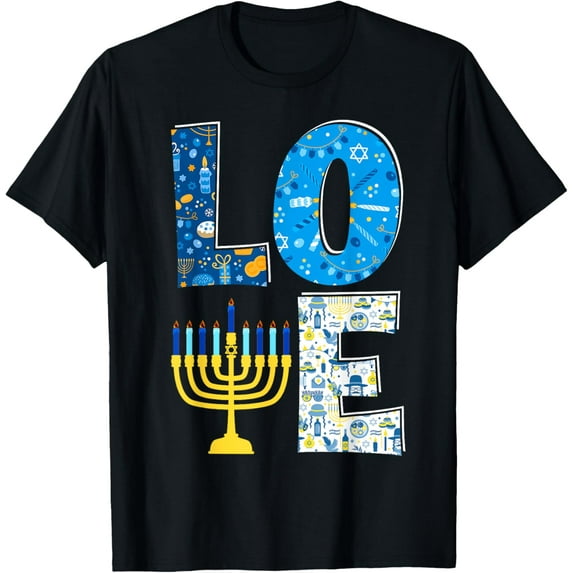 Love Cute Hanukkah Decoration Menorah Pajama Matching Family T-ShirtMen and women, White Black T-shirt, size: Extra large S-4XL