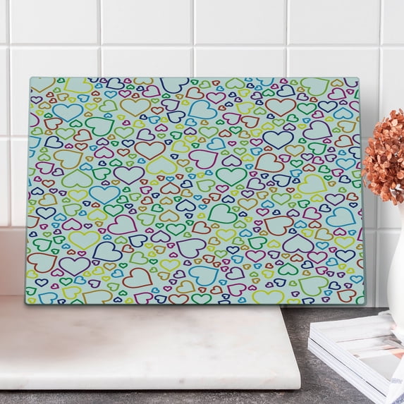 Love Cutting Board, Affection Doodle Style Pleasure Flourishes Curls Classics Pop Art Print, Decorative Tempered Glass Cutting and Serving Board, Large Size, Multicolor, by Ambesonne