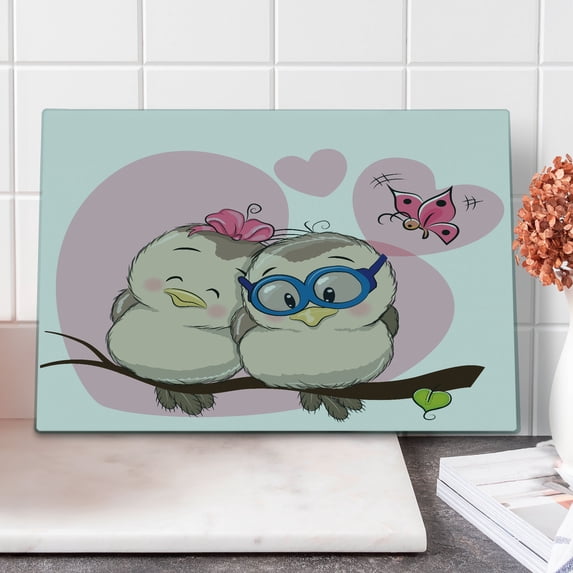 Love Cutting Board, Cartoon Birds is Sitting on a Branch Bee Smiling Loving Valentine, Decorative Tempered Glass Cutting and Serving Board, Large Size, Pale Pink Beige Taupe, by Ambesonne