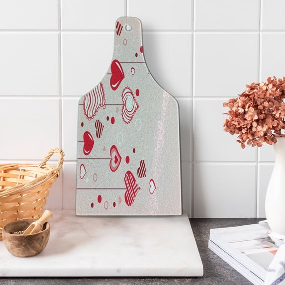 Love Cutting Board, Contour Hearts Hanging on Strings Romantic Anniversary Celebration Happy Print, Decorative Tempered Glass Cutting and Serving Board, Wine Bottle Shape, Rose Red Pink, by Ambesonne