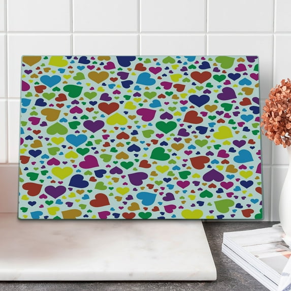 Love Cutting Board, Hearts Rainbow Vibrant Colors Love Honeymoon Theme Joyful Fun Cheering Art Print, Decorative Tempered Glass Cutting and Serving Board, Large Size, Multicolor, by Ambesonne