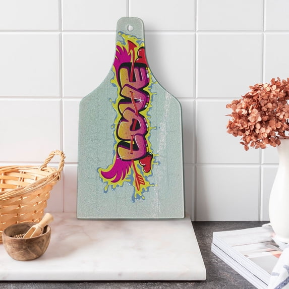 Love Cutting Board, Love Lettering Brick Wall Brushing Dripping Street Art Wings Illustration, Decorative Tempered Glass Cutting and Serving Board, Wine Bottle Shape, Yellow Beige Pink, by Ambesonne