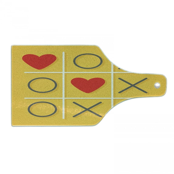 Love Cutting Board, Tic-Tac-Toe Game with Xoxo Flat Design Let Me Kiss You Funny Romantic Illustration, Tempered Glass Cutting and Serving Board, Wine Bottle Shape, Yellow Red, by Ambesonne