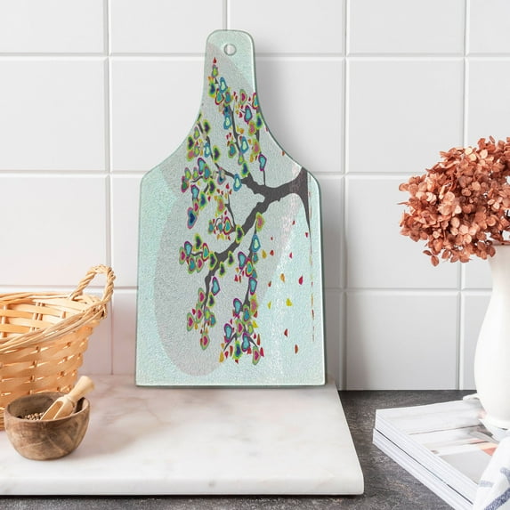 Love Cutting Board, Tree with Leaves and Hearts Love Adore Celebrating Anniversary Art Print, Decorative Tempered Glass Cutting and Serving Board, Wine Bottle Shape, Multicolor, by Ambesonne