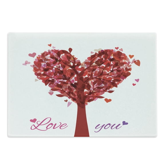 Love Cutting Board, Tree in the Shape of Heart Holiday Romance Garden Vintage Style Design, Decorative Tempered Glass Cutting and Serving Board, Large Size, Ruby Pink Purple, by Ambesonne