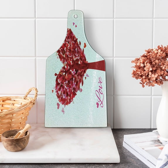 Love Cutting Board, Tree in the Shape of Heart Holiday Romance Garden Vintage Style Design, Decorative Tempered Glass Cutting and Serving Board, Wine Bottle Shape, Ruby Pink Purple, by Ambesonne