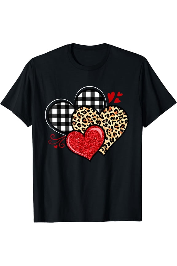Love Day Love Hearts Leo.pard Plaid Heart T-Shirt