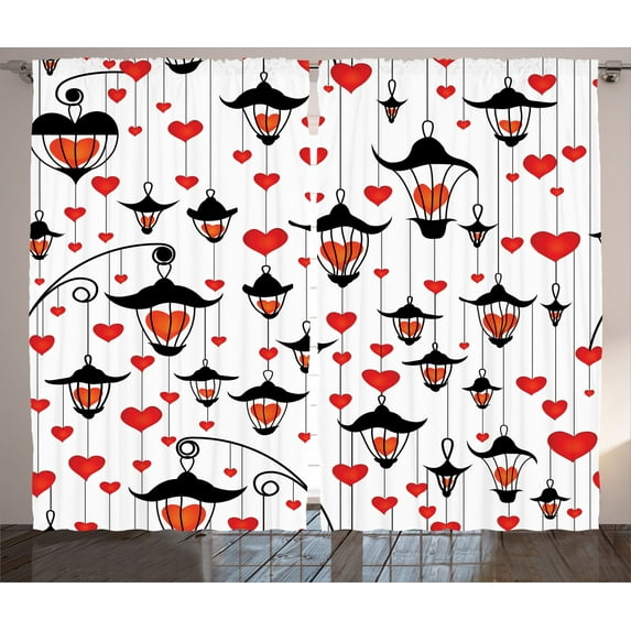 Ambesonne Valentines Curtains 2 Panel Set, Hearts in Lamps Romance, 108" x 84", Vermilion and Scarlet
