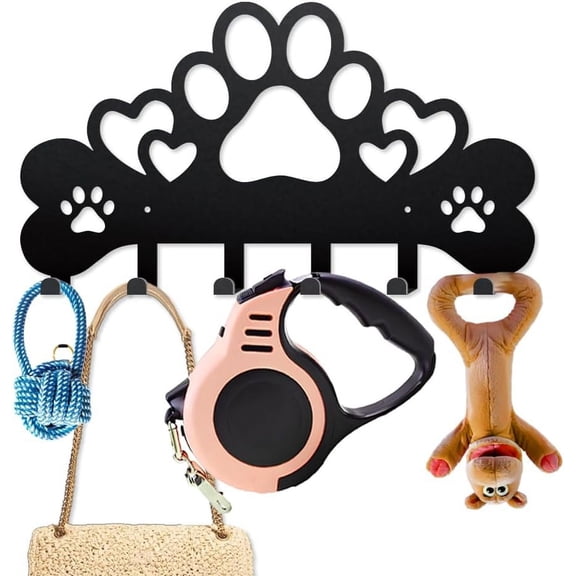 Love Dog Paws Metal Key Hook Puppy Bones Heart Coat Rack Wall Mounted 15.78.7inch Holder Organizer Rack with 6 Hooks for Gift Coats Hats Towels Bags Hanging Black DIY