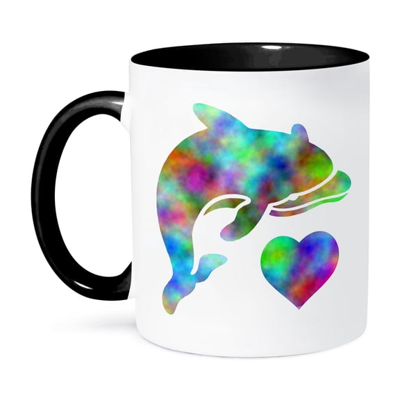 3dRose, Love Dolphins- Rainbow Colored Dolphin and Heart, 15oz Two-Tone Black Mug