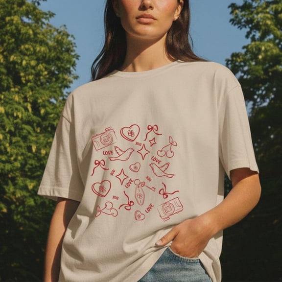 Love Doodle Heart Pattern T-Shirt Cute VaL1entine's Day Icons