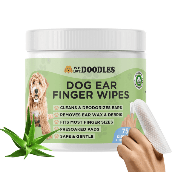 We Love Doodles Dog Ear Wipes - Pre Soaked Finger Ear Wipes for Dogs, Safe & Gentle Ear Cleaner for Dogs, Cleans & Deodorizes, Pet Wipes for Dogs, Dog Cleaning Wipes for Easy Grooming (75 Pieces)