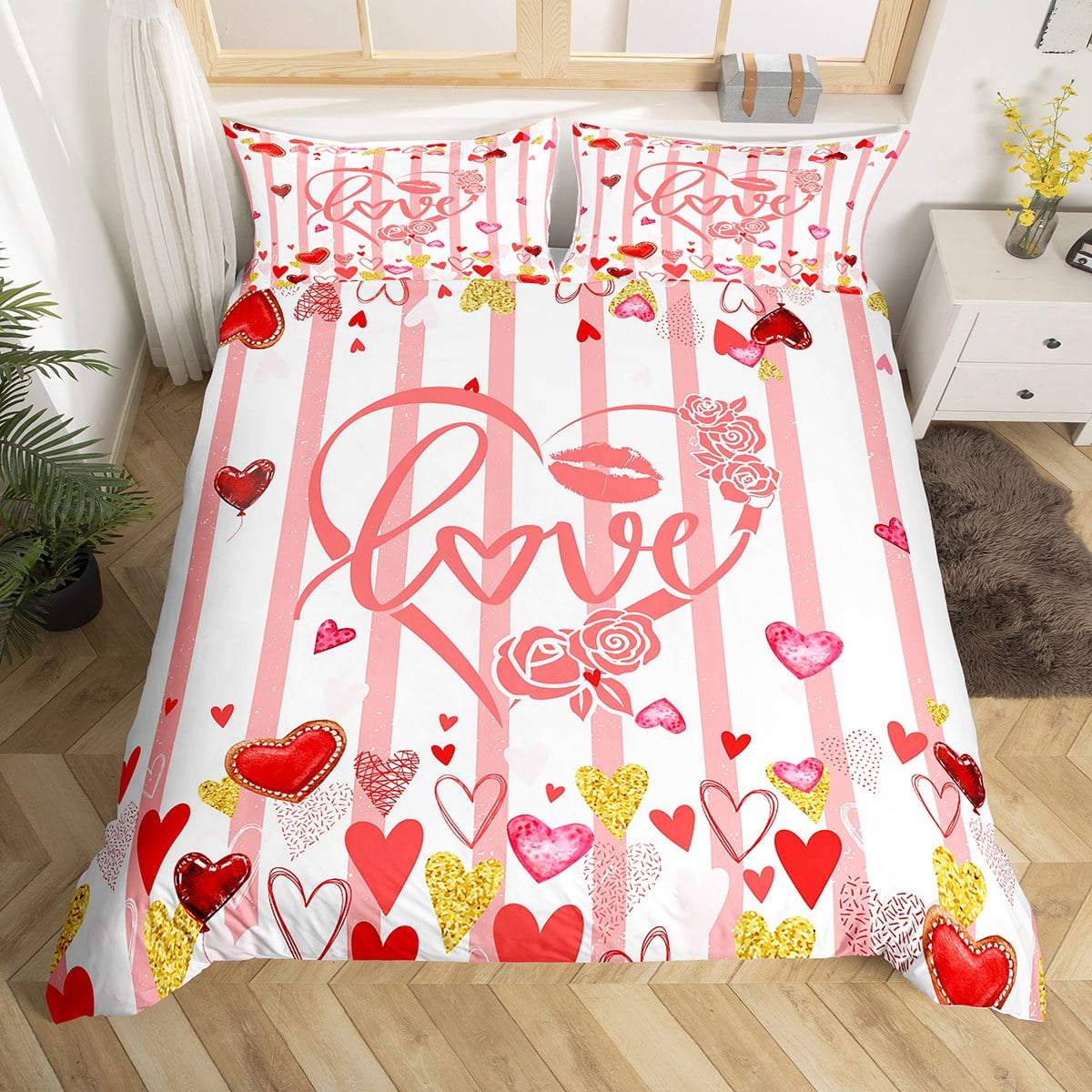 Love Duvet Cover King Size Pink and White Heart Pattern Bedding Set for