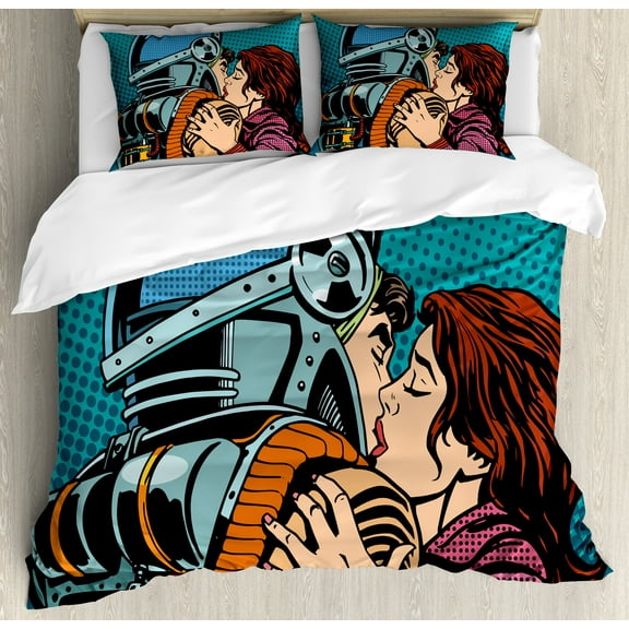 Love Duvet Cover Set, Astronaut Kisses His Wife Illustration Vintage Pop Art Retro Style Print, Decorative 3 Piece Bedding Set with 2 Pillow Shams, Queen Size, Petrol Blue and Brown, by Ambesonne