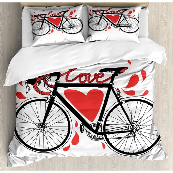 Love Duvet Cover Set, Bike Illustration Heart and Drops Modern Hipster Fashion Retro Art, Decorative 3 Piece Bedding Set with 2 Pillow Shams, King Size, Orange Black, by Ambesonne