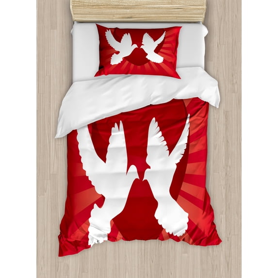 Love Duvet Cover Set, Birds Flying Doves Peace Symbol in Romantic Context Heart Sunbeams Backdrop, Decorative 2 Piece Bedding Set with 1 Pillow Shams, Twin Size, White and Vermilion, by Ambesonne