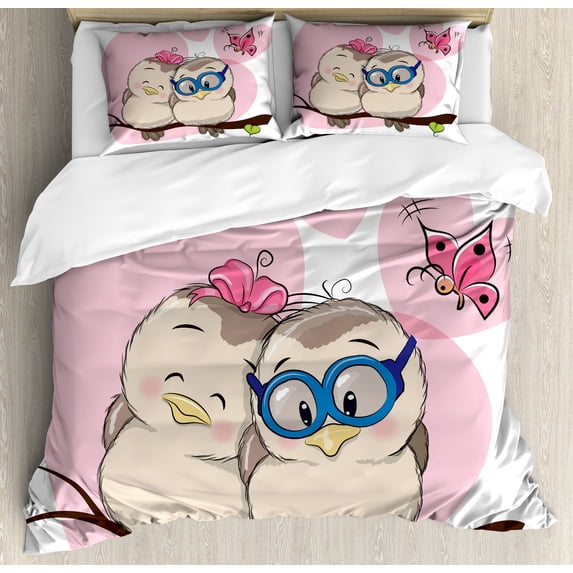 Love Duvet Cover Set, Cartoon Birds is Sitting on a Branch Bee Smiling Loving Valentine, Decorative 3 Piece Bedding Set with 2 Pillow Shams, Calking Size, Pale Pink Beige Taupe, by Ambesonne