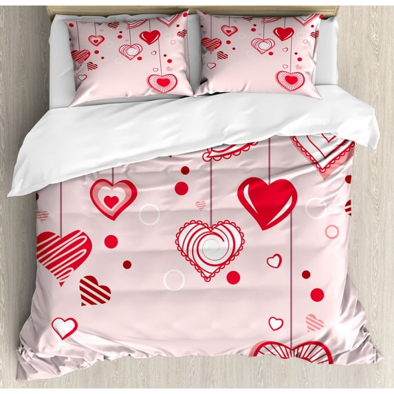 Love Duvet Cover Set, Contour Hearts Hanging on Strings Romantic Anniversary Celebration Happy Print, Decorative 3 Piece Bedding Set with 2 Pillow Shams, Queen Size, Rose Red Pink, by Ambesonne