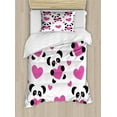 thumbnail image 1 of Love Duvet Cover Set, Day of Love Pandas and Hearts Cartoon Cheerful Wildlife Fun Art, Decorative 2 Piece Bedding Set with 1 Pillow Shams, Twin Size, Fuchsia Black White, by Ambesonne, 1 of 3