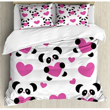 Love Duvet Cover Set, Day of Love Pandas and Hearts Cartoon Cheerful Wildlife Fun Art, Decorative 3 Piece Bedding Set with 2 Pillow Shams, Calking Size, Fuchsia Black White, by Ambesonne