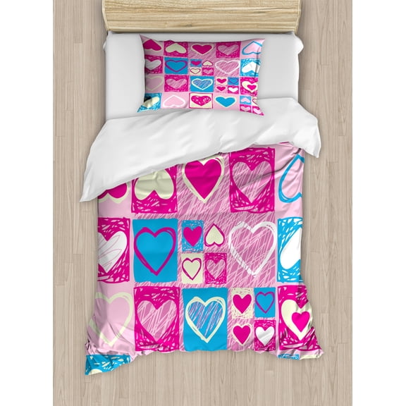 Love Duvet Cover Set, Hearts in Square Shapes Geometrical Celebrate Art, Decorative 2 Piece Bedding Set with 1 Pillow Shams, Twin Size, Blue Ivory Pink, by Ambesonne